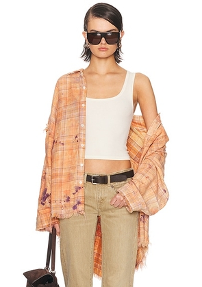 R13 Shredded Seam Drop Neck Shirt in Overdyed Orange Purple Plaid - Peach. Size M (also in S, XS).