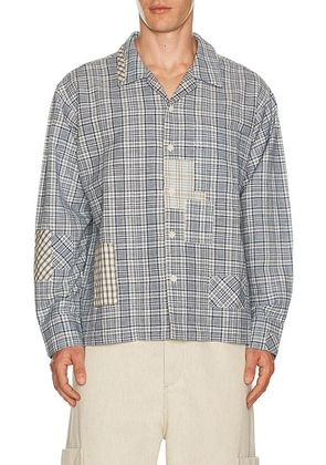 Story mfg. Patchwork Greetings Shirt in Indigo Check Picnic - Blue. Size S (also in L, XL/1X).