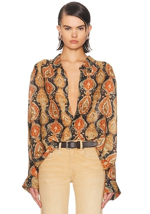 R13 Gathered Yoke Drop Neck Shirt in Orange Dark Navy Multicolor - Orange,Navy. Size M (also in S, XS).