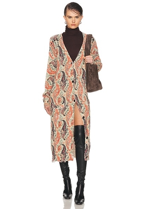 R13 Printed Long Cardigan in Khaki & Orange Multicolor - Coral,Beige. Size L (also in S, XS).