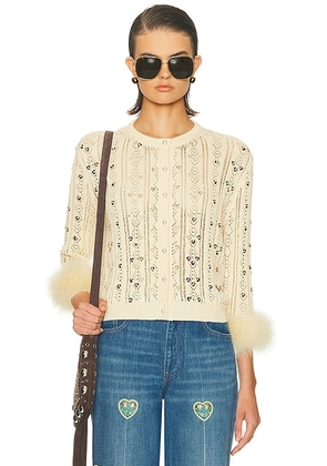 Valentino Embroidered Feather Cuff Cardigan in Betulla - Cream. Size S (also in L, M, XS).