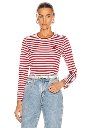 COMME des GARCONS PLAY Striped Cotton Red Emblem Tee in Red - Red. Size M (also in XS, L).