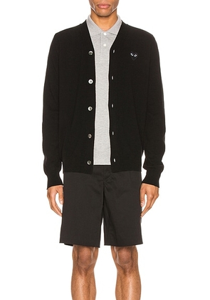 COMME des GARCONS PLAY Lambswool Cardigan with Black Emblem in Black - Black. Size M (also in S, L).
