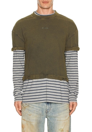 WE11DONE Layered Striped T-Shirt in Grey - Green. Size M (also in L, S, XL/1X).
