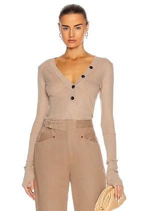 Enza Costa Cashmere Long Sleeve Cuffed Henley Top in Khaki - Tan. Size M (also in L, S, XL, XS).