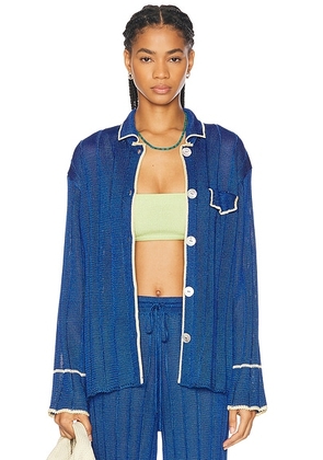 Calle Del Mar Wide Rib Long Sleeve Pajama Shirt in Lapis & Butter - Blue. Size M (also in L).