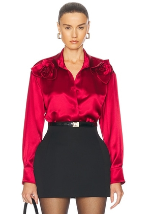 AKNVAS Flor Satin Two Roses Button Down Shirt in Poppy - Red. Size S (also in ).
