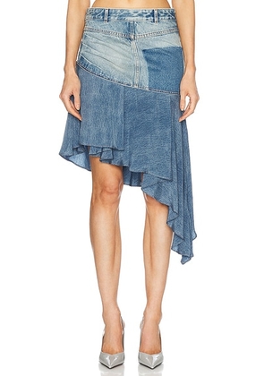 BALMAIN Asymmetric Denim Ruffled Short Skirt in Bleu Jean - Blue. Size 36 (also in 34, 38, 40).