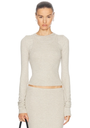 Eterne Long Sleeve Fitted Top in Heather Oatmeal - Cream. Size M (also in L, S, XL, XS).