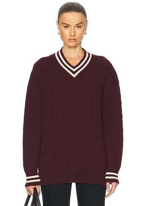 &Daughter Slouchy Cricket V-Neck Cable Sweater in Burgundy & Ecru - Burgundy. Size M (also in XS, L).
