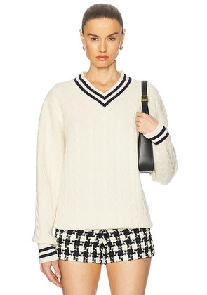&Daughter Slouchy Cricket V-Neck Cable Sweater in Ecru & Navy - Ivory. Size M (also in XS, S, L).