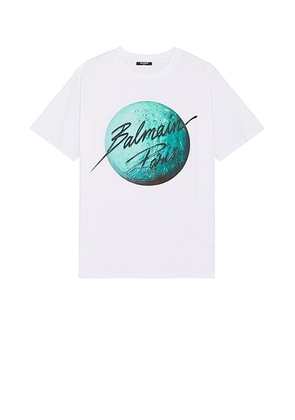 BALMAIN Paris & Planet T-Shirt in White  Turquoise  Blue  & Black - White. Size L (also in S).
