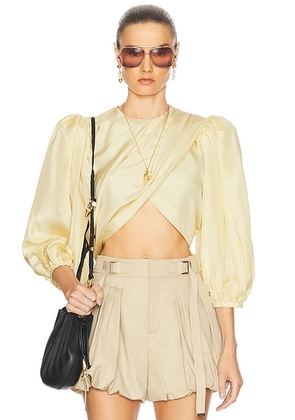 Chloe Cropped Puff Sleeves Draped Top in Powder Yellow - Yellow. Size 42 (also in 38).