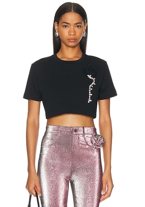 AREA Crystal Rosette Cropped T-Shirt in Black - Black. Size XS (also in L).