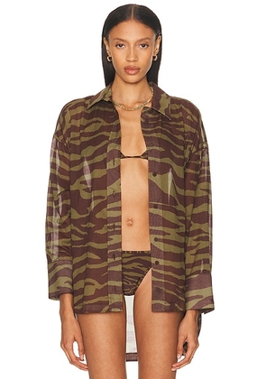 THE ATTICO Zebra Printed Shirt in Dark Green & Dark Brown - Army. Size 40 (also in 38, 42).