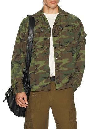 Beams Plus Mesh Camo Jacquard Mapping Print Shirt in Camo in Camo(ERDL Camo) - Green. Size S (also in L, XL).