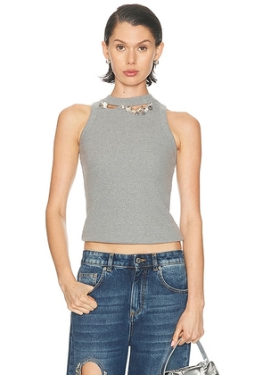 AREA Distressed Crystal Ribbed Knit Tank Top in Grey Melange - Grey. Size M (also in L, S, XS).