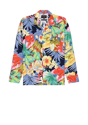 Beams Plus Mil Open Collar Tropical Pattern Print in Navy - Black. Size M (also in L).