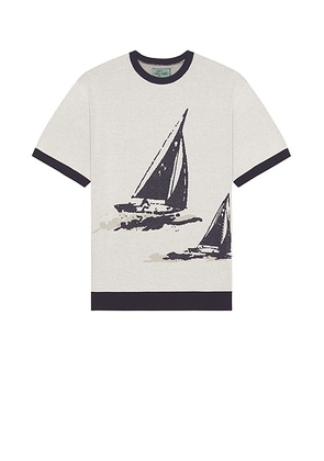 Beams Plus Knit Tee Box Jacquard in White - White. Size XL (also in L).