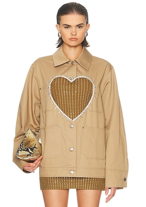AREA Crystal Heart Cutout Cargo Jacket in Tan - Tan. Size M (also in XS, S, L).
