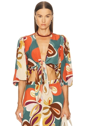 ADRIANA DEGREAS Organic Floral Puff Sleeved Blouse in Unique - Orange,Teal. Size M (also in S, L).