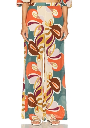 ADRIANA DEGREAS Organic Floral Wide Leg Pant in Unique - Orange,Teal. Size M (also in S, L).