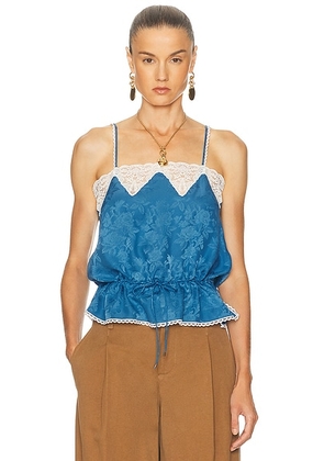 Chloe Silk Roses Jacquard Top in Deep Water - Blue. Size 40 (also in ).