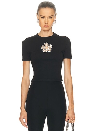 AREA Crystal Flower Cropped T-Shirt in Black - Black. Size M (also in XS, S, L).