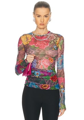 AREA Crystal Embellished Printed Tulle Long Sleeve Top in Pink Multi - Black. Size S (also in XS, M).