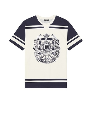BALMAIN Varsity T-Shirt in Creme & Marine - Cream. Size XL/1X (also in S).