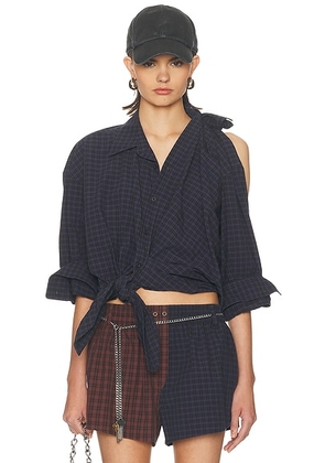 Alexander Wang Knotted Button Down Shirt in Smog Navy Plaid - Navy. Size 2 (also in 0).