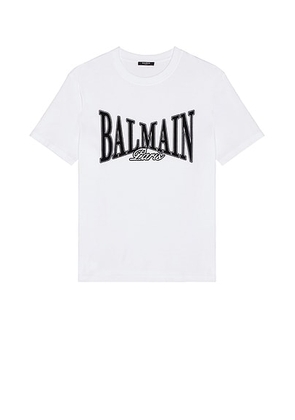 BALMAIN College Flock T-Shirt in White - White. Size M (also in S, XL/1X, XXL/2X).
