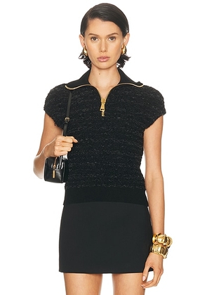 BALMAIN Zipped Short Sleeve Tweed Top in Noir - Black. Size 36/2 (also in 34/0, 38/4).