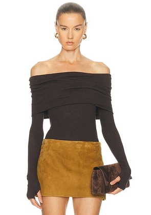 Enza Costa Cashmere Long Sleeve Off Shoulder Top in Dark Brown - Chocolate. Size L (also in XS, S, M).