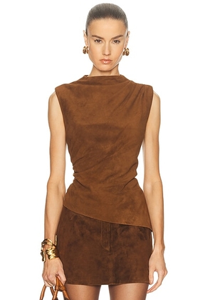 AEXAE x REVOLVE Leather Suede Ruched Top in Chestnut Brown - Brown. Size M (also in L, XL).