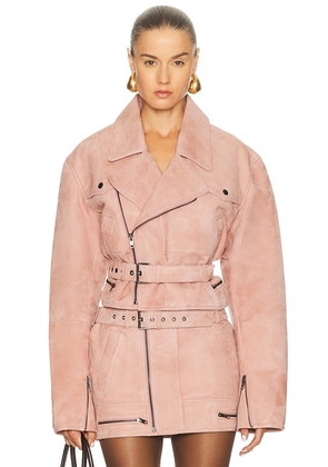 Alex Perry Cropped Suede Biker Jacket in Dusty Rose - Rose. Size S (also in M).
