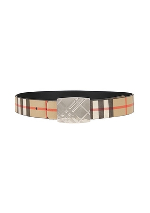 Burberry Check Engraved 35mm Belt in Black  Sand  & Silver - Brown. Size 90 (also in 85, 95, 100).