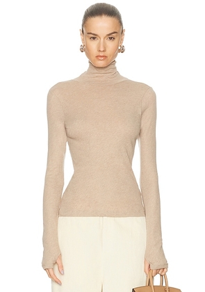 Enza Costa Cashmere Jersey New Classic Turtleneck Sweater in Khaki - Brown. Size M (also in L, S, XS).