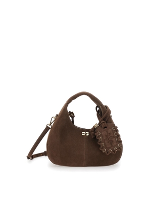 Ganni Brown Handbag With Adjustable Shoulder Strap And Hanging Mirror On The Front In Suede Woman
