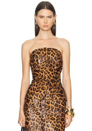 AEXAE Leather Bandeau Peplum Top in Leopard - Brown. Size S (also in XS, M).