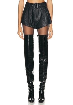 AEXAE Leather Croc Flared Mini Short in Black Croc - Black. Size M (also in XXS, XS, S).