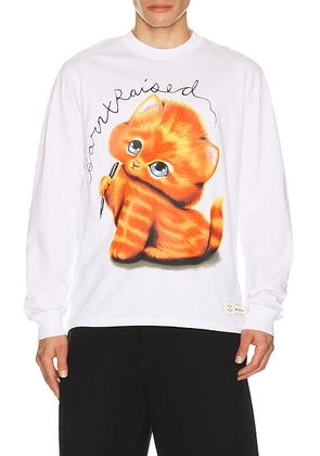 Born x Raised Kitty Long Sleeve Tee in White - White. Size L (also in M, S, XL/1X).