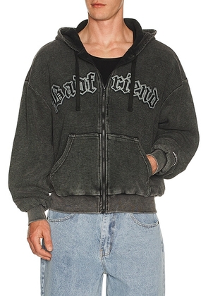 Badfriend Waffle Knit Full Zip Hoodie in Off Black - Black. Size S (also in L, M, XL/1X).