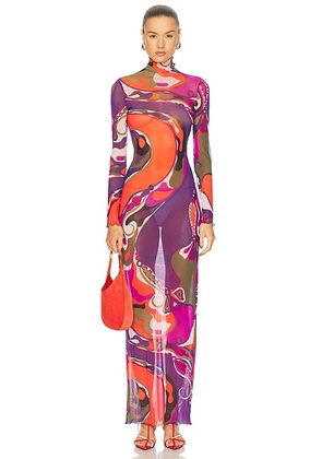 Emilio Pucci Long Sleeve Dress in Multicolor - Purple,Coral. Size 40 (also in 38, 44).