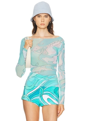 Emilio Pucci Long Sleeve Top in Turquoise - Teal,White. Size 38 (also in 44).