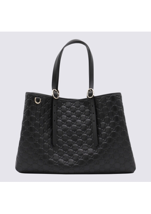 Gucci Black Leather Emblem Big Totes