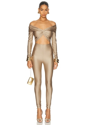 The Andamane Kendall Off Shoulder Jumpsuit in Light Greige - Grey. Size L (also in S).