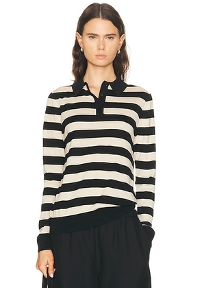 Enza Costa Stripe Silk Knit Polo Sweater in Black & Wheat - Black. Size M (also in XS).