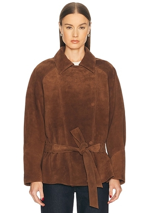 AEXAE Leather Suede Belted Jacket in Brown Suede - Brown. Size L (also in XS, S, M).