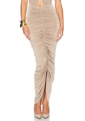 Helsa Bianca Ruched Midi Skirt in Taupe - Taupe. Size M (also in L).